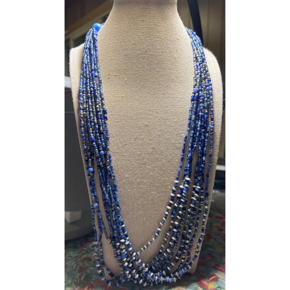 Shades of Blue Glass Multi-Strand Necklace -- 27"